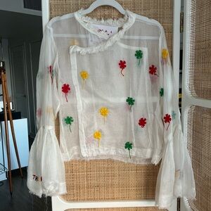 Tigra Tigra Silk Embroidered Blouse Handmade In India Bell Sleeve Size small.